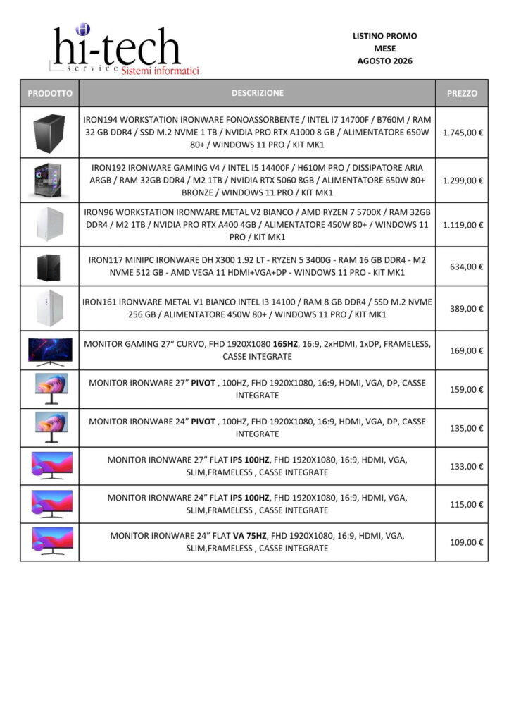 Listino promo Agosto 2026 hi-techservice